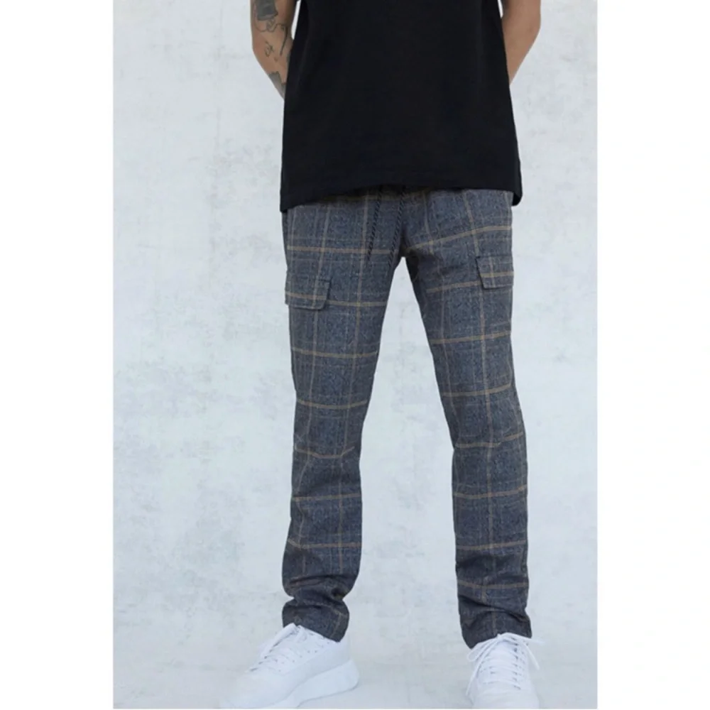 Pacsun gray tan plaid cargo pull on drawstring pants men's L
